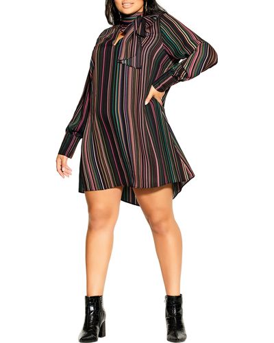 City Chic Illusion Long Sleeve Stripe Shift Dress - Black