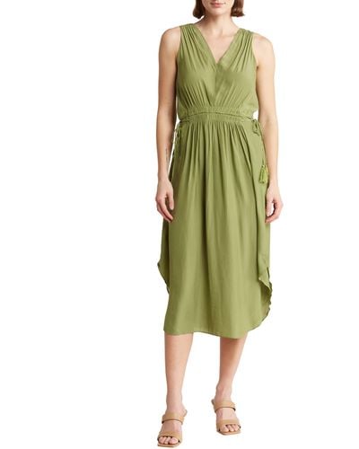 T Tahari V-neck Sleeveless Drawstring Waist Midi Dress - Green