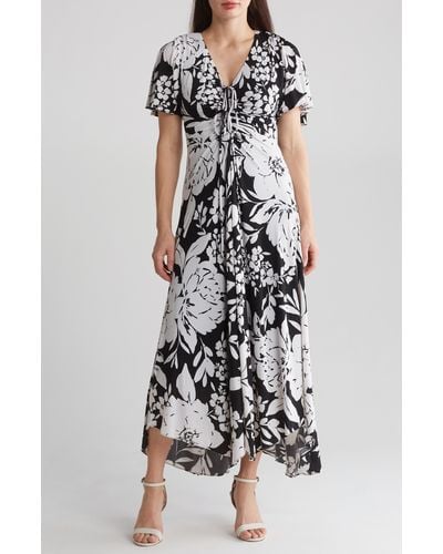 Taylor Dresses Floral Ruched Front Midi Dress - White