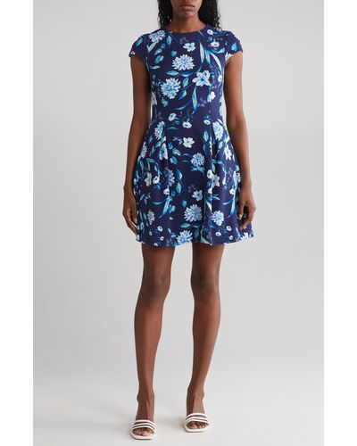 Vince Camuto Floral Cap Sleeve Fit & Flare Dress - Blue