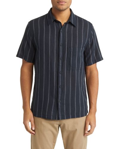 Vince Windsor Stripe Short Sleeve Linen Button-up Shirt - Blue