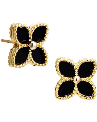 Savvy Cie Jewels Yellow Gold Vermeil Onyx Flower Stud Earrings - Black