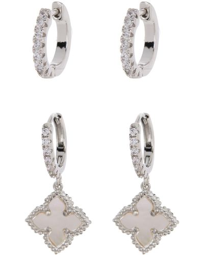 Adornia Swarovski Crystal Huggie Mother-of-pearl Quatrefoil Drop Earrings Set - White