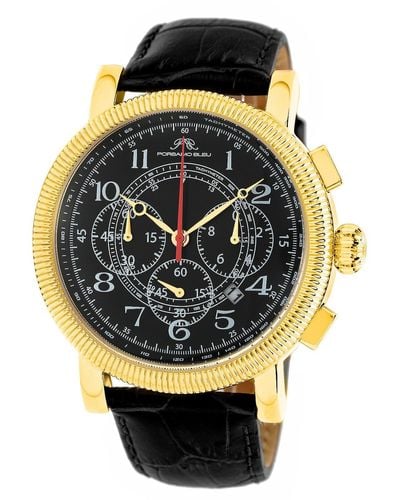 Porsamo Bleu Phileas Alligator Embossed Leather Vintage Style Chronograph Watch - Black
