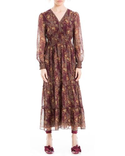 Max Studio Floral Long Sleeve Maxi Dress - Brown