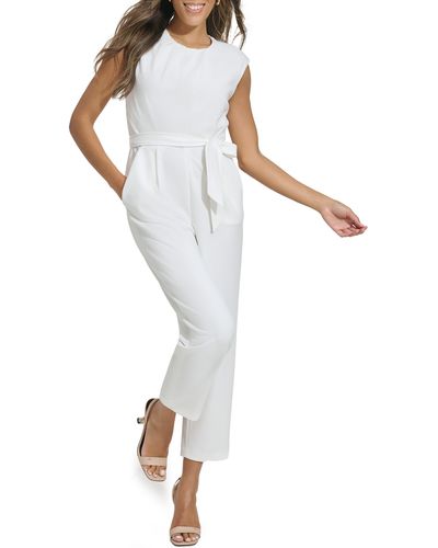 Calvin Klein Pleated Neck Sleeveless Tie Waist Jumpsuit - White