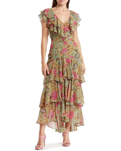 Wayf Floral Tiered Ruffle Dress - Natural