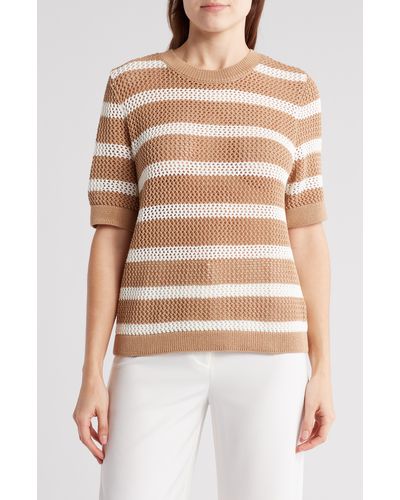 Laundry by Shelli Segal Open Weave Stripe Short Sleeve Sweater - Multicolor