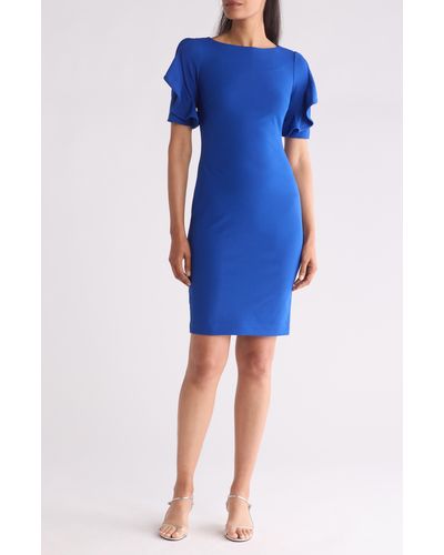 Calvin Klein Ruffle Sleeve Scuba Crepe Sheath Dress - Blue