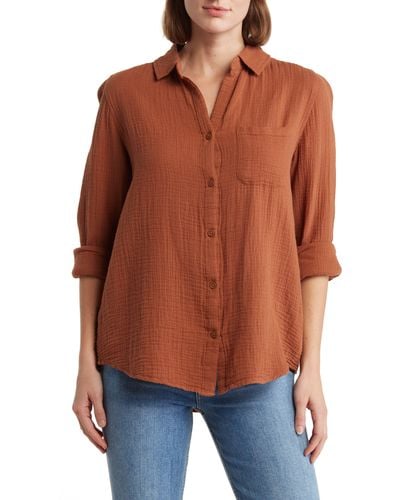 Beach Lunch Lounge Alessia Long Sleeve Cotton Button-up Shirt - Orange