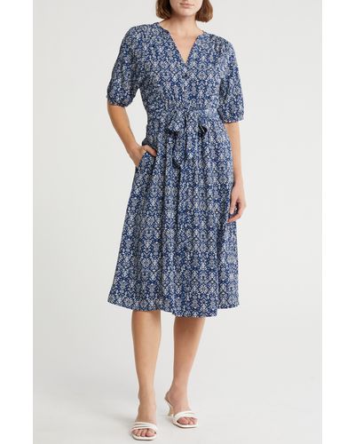 Lucky Brand Printed Belted Midi Dress - Blue