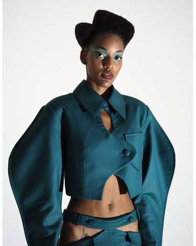 BLIKVANGER Ss22. Collared Puff-sleeve Cropped Suit Jacket - Blue