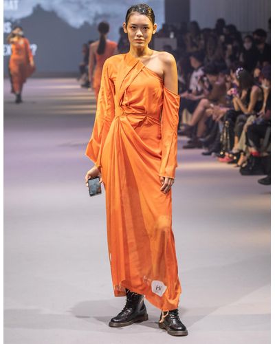 INF Off-shoulder Draping Dress - Orange
