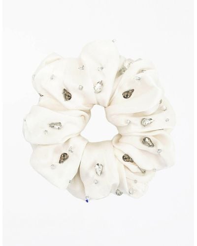 Aethera Harlow Embellished Oversized Silk Scrunchie - Pearl - Natural