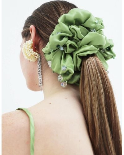 Aethera Ottilie Embellished Oversized Silk Scrunchie - Pistachio - Green