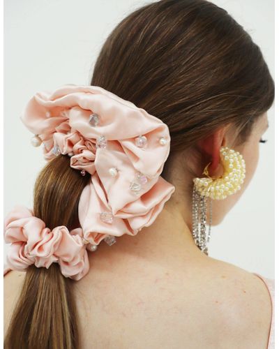Aethera Francoise Cultured Pearl & Crystal Embellished Silk Scrunchie - Rose - Brown