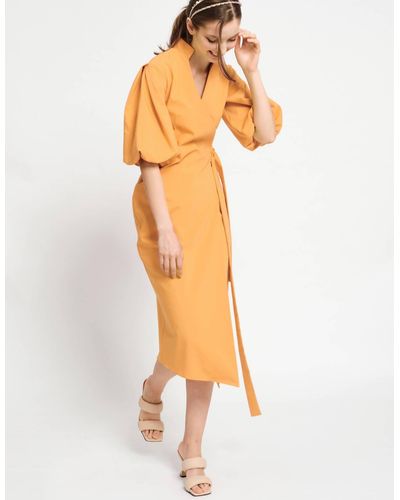 DALB Faith Wrap Dress With Puffy Sleeves - Orange