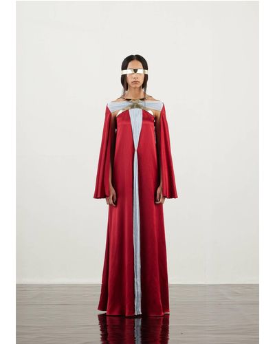 AKHL Metallic Crescent Satin Kaftan Dress - Red
