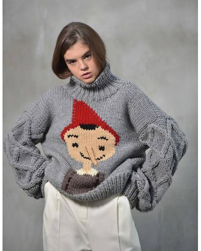 BLIKVANGER Hand-knitted Sweater With Pinocchio Embroidery - Gray