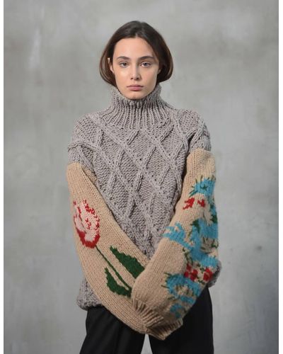 BLIKVANGER Knitted Sweater With Dragon & Tulip Embroideries - Gray