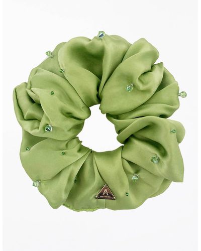 Aethera Etoiles Crystals Embellished Oversized Silk Scrunchie - Pistachio - Green