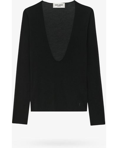 Saint Laurent Cassandre Embroidered U-Neck Silk Sweater - Black