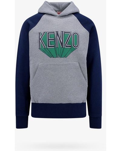 KENZO Long Sleeves Cotton Ribbed Profile Hooded Sweatshirts - Blue