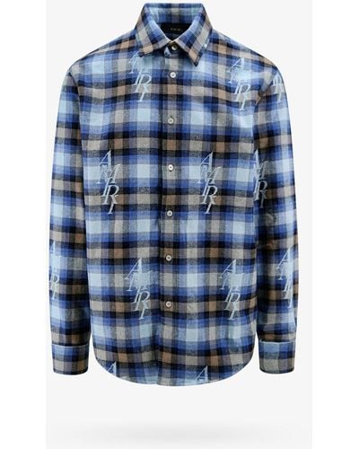 Amiri Staggered Plaid Flannel, Long Sleeves, , 100% Cotton, Size: Large - Blue