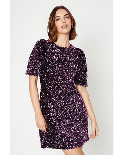 Oasis Velvet Sequin Puff Sleeve Tie Back Mini Dress - Purple