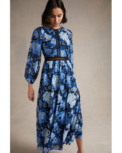 Oasis Cluster Floral Lace Balloon Sleeve Dobby Midi Dress - Blue