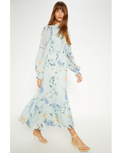 Oasis Lace Trim Eastern Dobby Floral Midi Dress - Blue