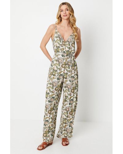Oasis Palm Printed Crinkle Strappy Wide Leg Jumpsuit - White