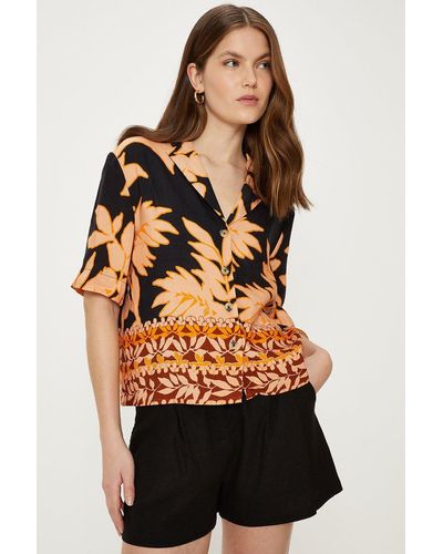 Oasis Linen Mix Border Palm Print Resort Shirt - Black