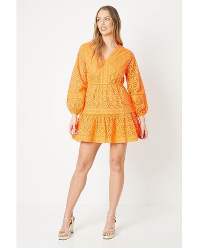 Oasis Broderie Trim Detail Puff Sleeve Mini Dress - Orange