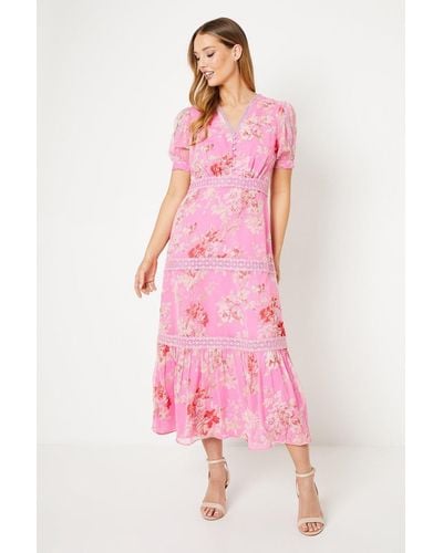 Oasis Paisley Printed Chiffon Lace Insert Midi Tea Dress - Pink