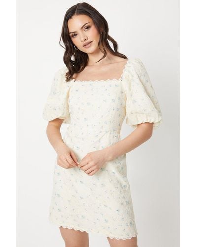 Oasis Embroidered Floral Puff Sleeve Mini Dress - White