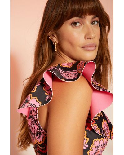 Oasis Floral Print Ruffle Shoulder Bikini Top - Black