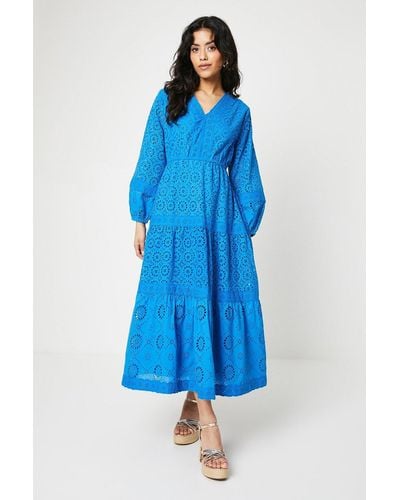 Oasis Petite Broderie Trim Detail Puff Sleeve Midi Dress - Blue