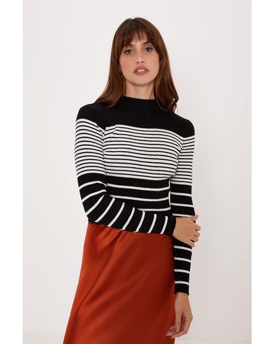 Oasis Mixed Stripe Funnel Neck Rib Jumper - Red