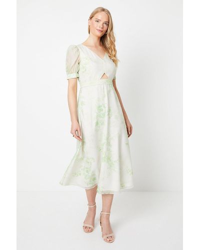 Oasis Green Floral Lace Insert Organza Puff Sleeve Midi Dress - White