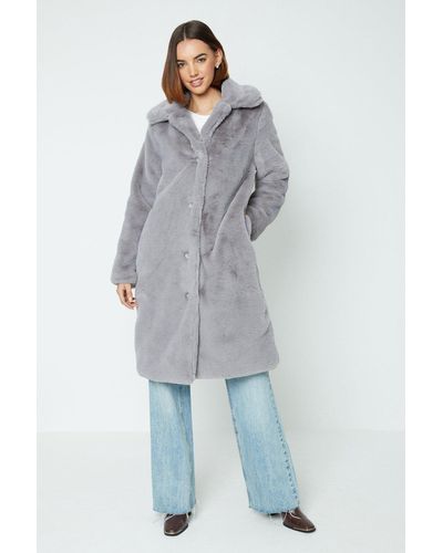 Oasis Plush Faux Fur Button Through Longline Coat - Grey