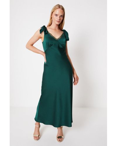 Oasis Satin Lace Insert Tie Shoulder Midi Bridesmaids Dress - Green