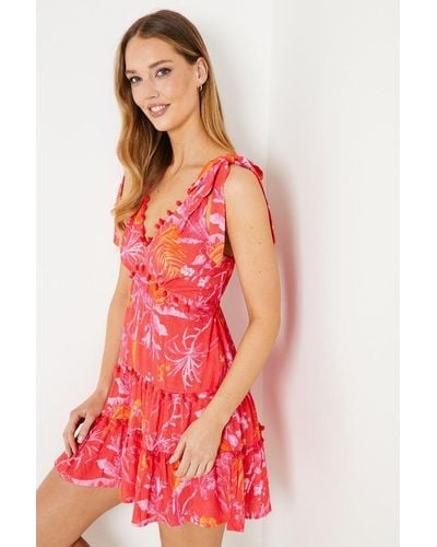 Oasis Floral Pom Pom Trim Tie Shoulder Crinkle Mini Dress - Red