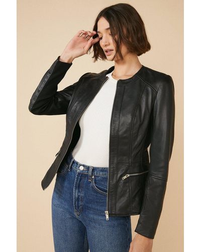 Oasis Collarless Leather Jacket - Black