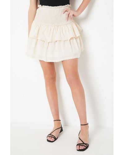 Oasis Cotton Lace Trim Shirred Tiered Mini Skirt - White