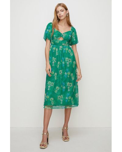 Oasis Floral Dobby Mesh Puff Sleeve Midi Dress - Green