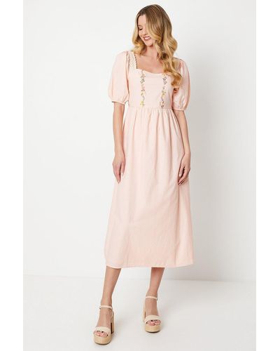 Oasis Lace Insert Puff Sleeve Embroidered Midi Dress - Pink