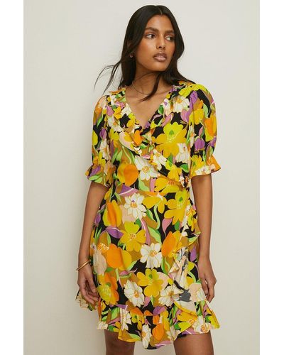 Oasis Petite Graphic Floral Wrap Skater Dress - Yellow