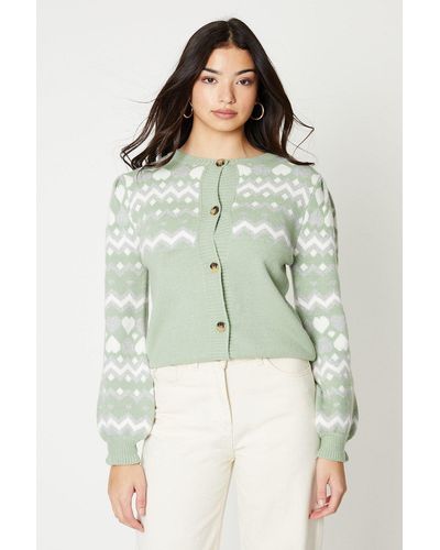Oasis Button Front Print Sleeve Cardigan - Green