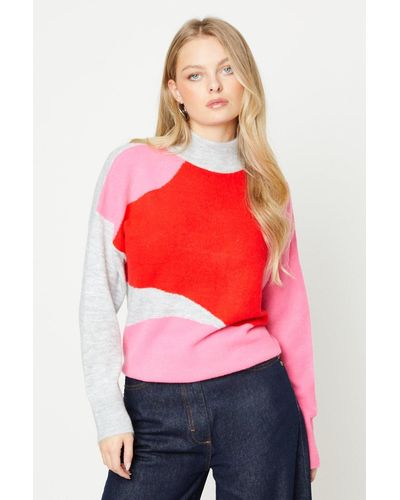 Oasis Wave Colour Block Intarsia Jumper - Red